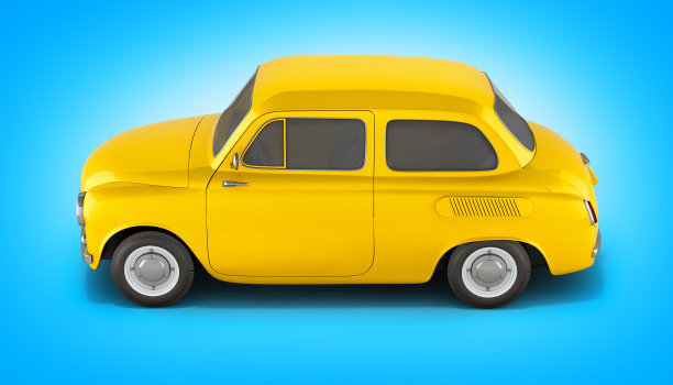 小型黄色复古车隔离在渐变背景3d渲染图片下载