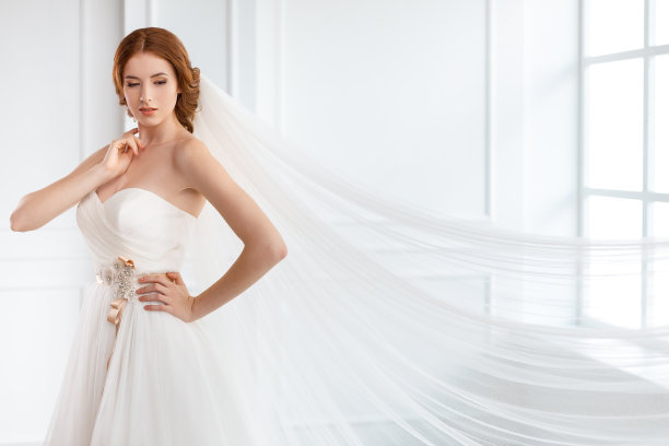 新娘身着白色婚纱，头戴长面纱图片下载