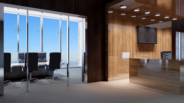 空的办公室。阳光明媚的早晨。三维渲染图片下载