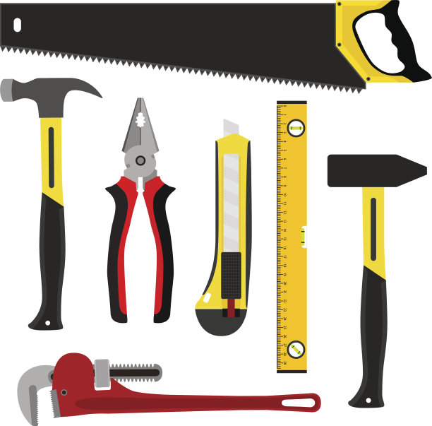 一套工具，工人工具包。建筑项目在平坦的风格。图片下载