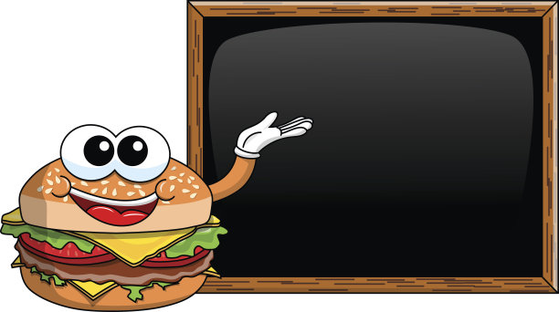 卡通汉堡人物呈现空白黑板黑板孤立图片下载
