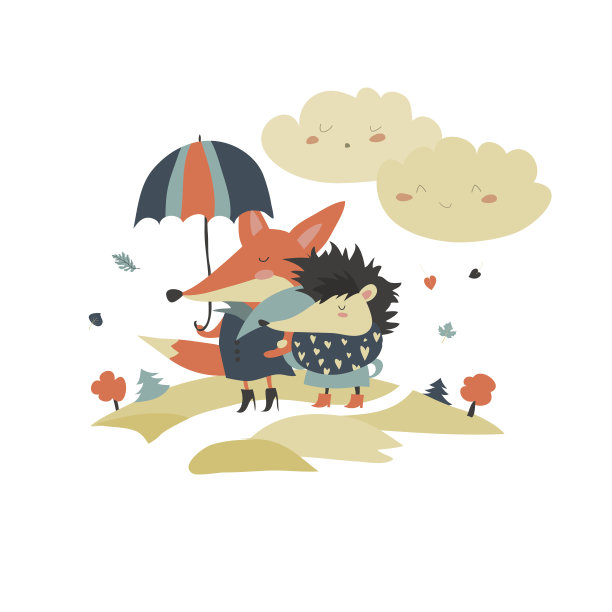 可爱的狐狸和刺猬在伞下散步图片下载