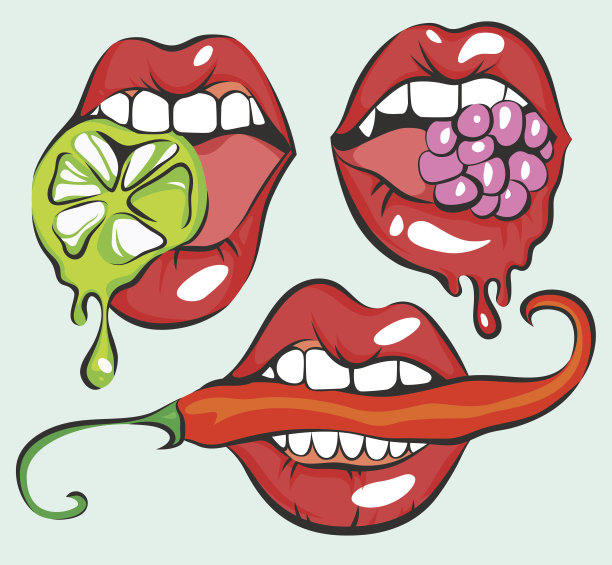 向量组性感的嘴唇与胡椒，浆果和酸橙图片下载