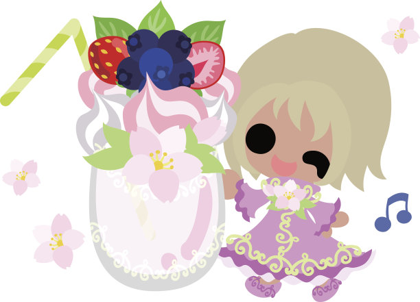 可爱的女孩和樱花物体的插图图片下载