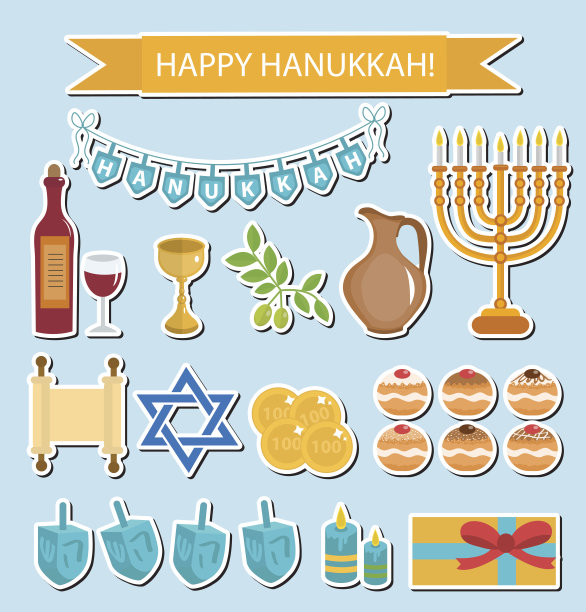 光明节贴纸包。光明节圣像与烛台，Torah, Sufganiyot图片下载