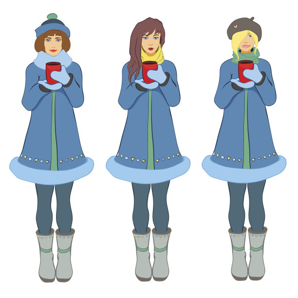 穿着暖和的女孩手里拿着热饮。图片下载