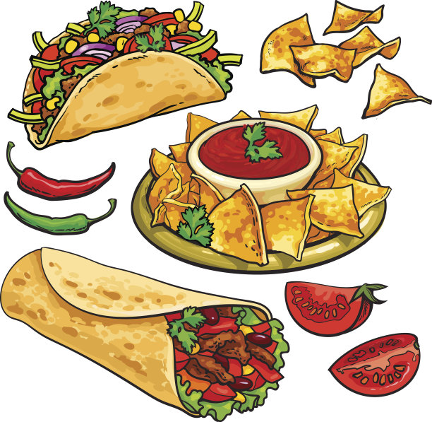 一套传统的墨西哥食物-玉米煎饼，玉米卷，玉米片，莎莎图片下载