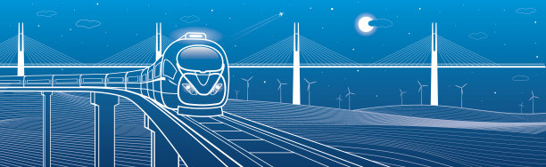 火车在斜拉桥的背景下驶过铁路图片下载