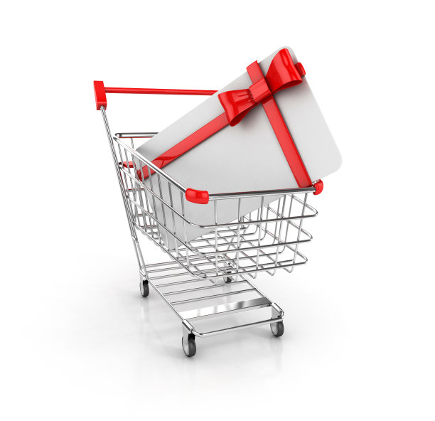 礼品卡与红丝带和购物车图片下载
