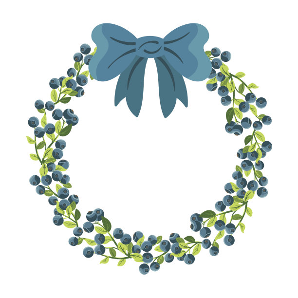 蓝莓边框，蓝色蝴蝶结。图片下载