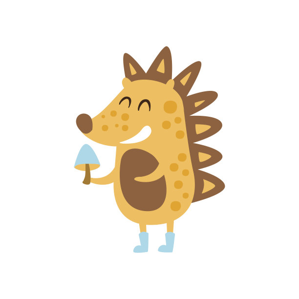 斑点刺猬在橡胶靴子抱着蘑菇和微笑图片下载