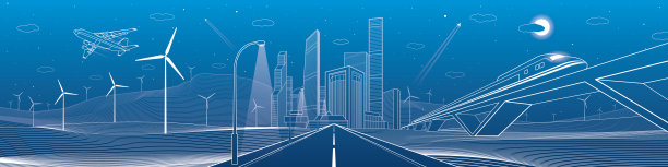 基础设施全景。高速公路，火车在桥上行驶图片下载