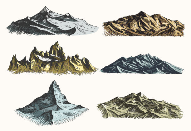 一套复古，古老的雕刻与山峰在手绘素描风格不同的版本和颜色图片下载
