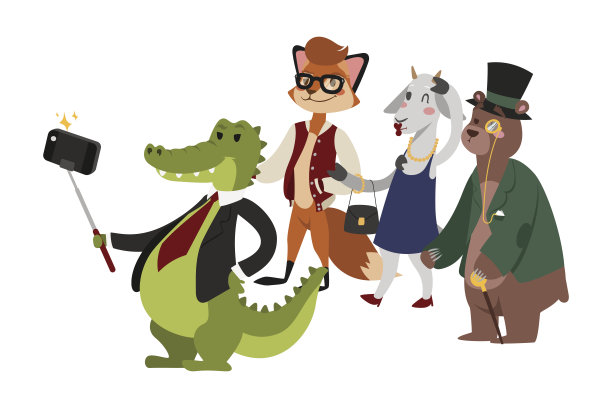 有趣的图片摄影师哺乳动物的人拿着自拍杆在他的手和可爱的动物自拍一起与智能手机相机矢量插图图片下载