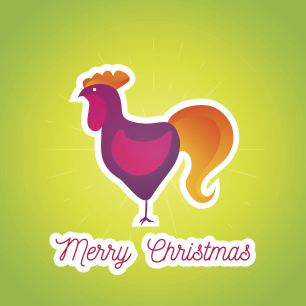 现代卡通海报圣诞快乐与明亮的公鸡。可以图片下载