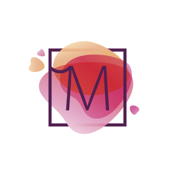 M字母图标在粉红色水彩背景的方形框架。图片下载