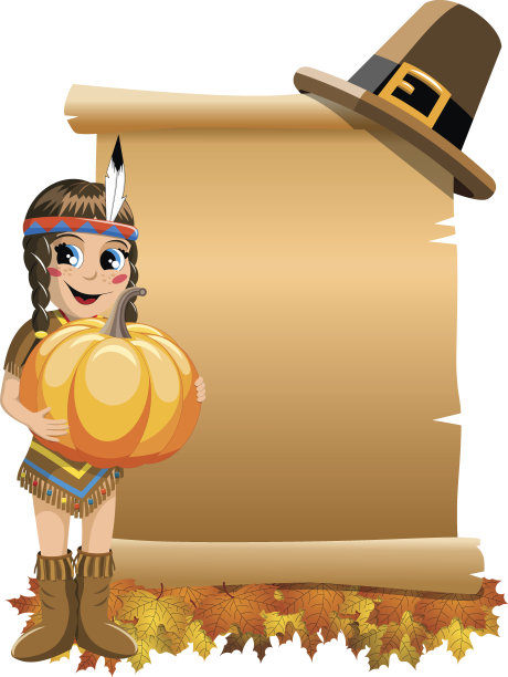 小女孩印第安土著服饰南瓜空白卷轴孤立图片下载
