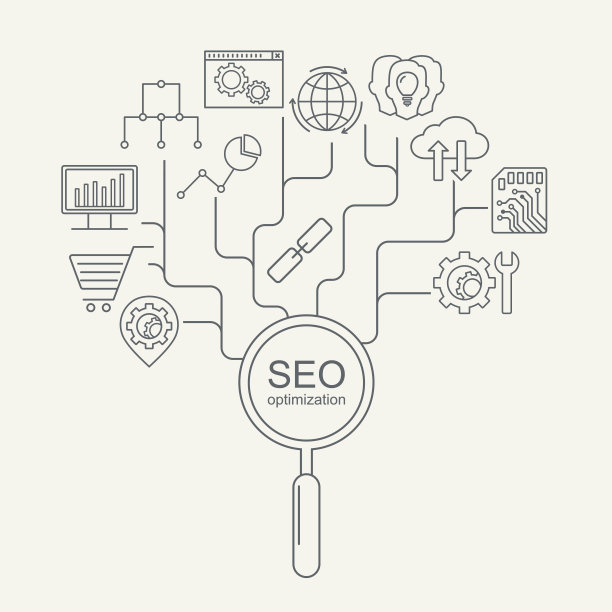 搜索引擎优化和发展矢量模式与线性图标图片下载