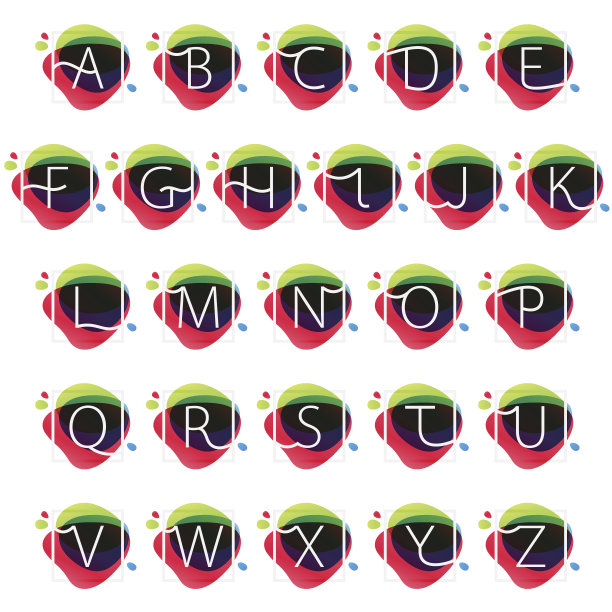 字母表图标在多色喷溅背景的方形框架。图片下载