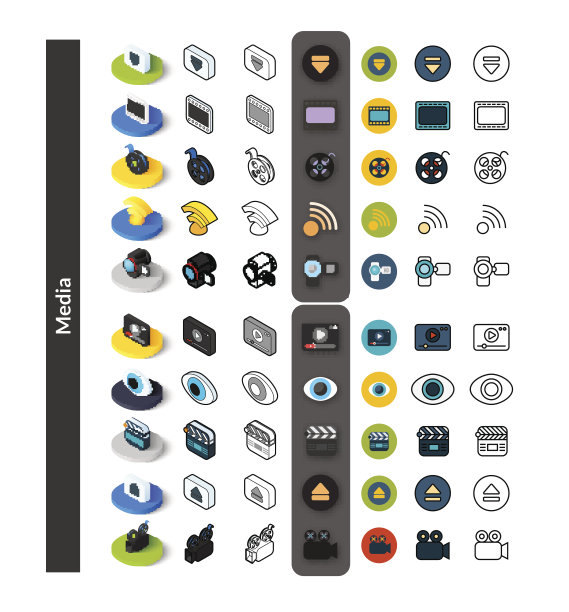 不同风格的图标集，等距平面和otline图片下载