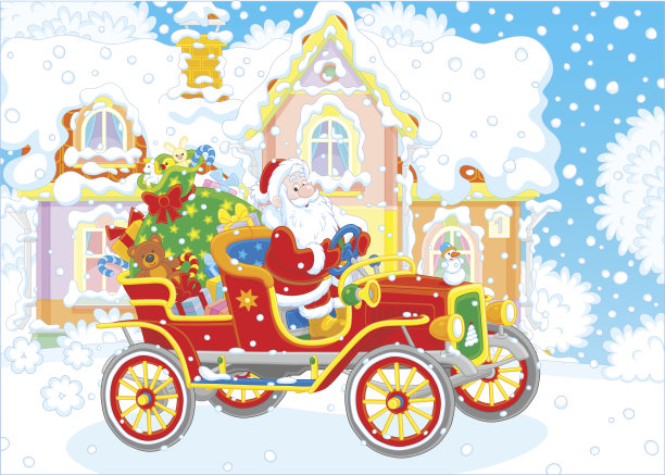 圣诞老人开着带礼物的车图片下载