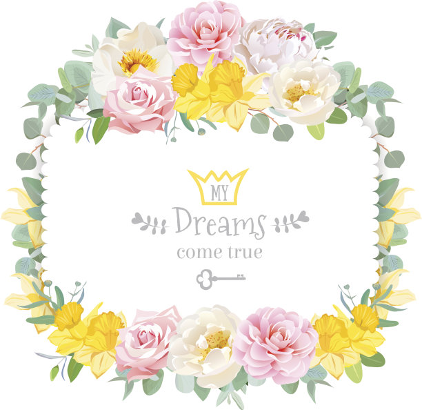 花方形向量框架与野生玫瑰，水仙，茶花，牡丹图片下载