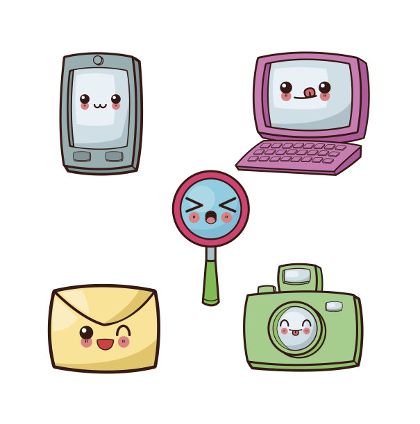 卡哇伊卡通图标集。技术和社交媒体。向量的草地图片下载