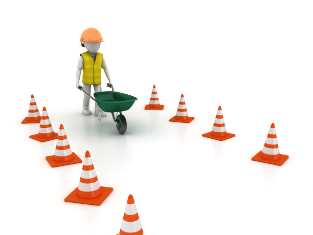 工人角色与手推车和交通锥在白色背景图片下载
