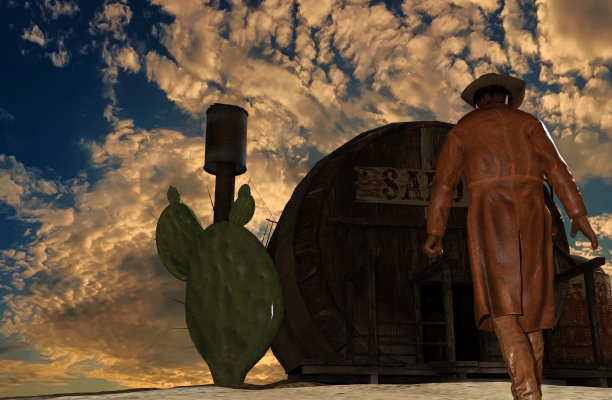 牛仔在一间沙龙前——3D渲染图片下载