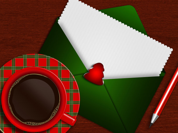 一杯咖啡，圣诞信和铅笔图片下载