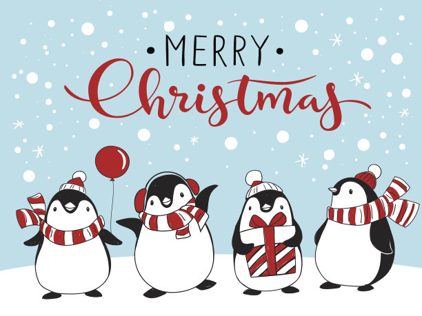 有四只卡通企鹅的贺卡图片下载
