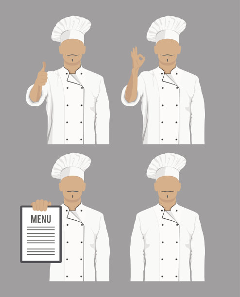 厨师烹饪。穿着厨师制服的各种手势图标。图片下载