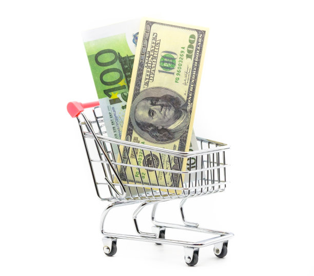 购物车里有美元和欧元现金图片下载
