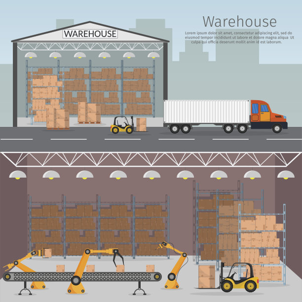 仓库内部仓储向量集，用航运物流概念配送图片下载