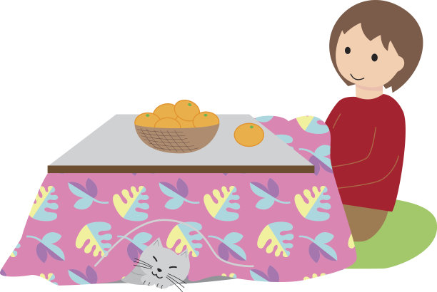 一个女人和一只猫在kotatsu里休息图片下载