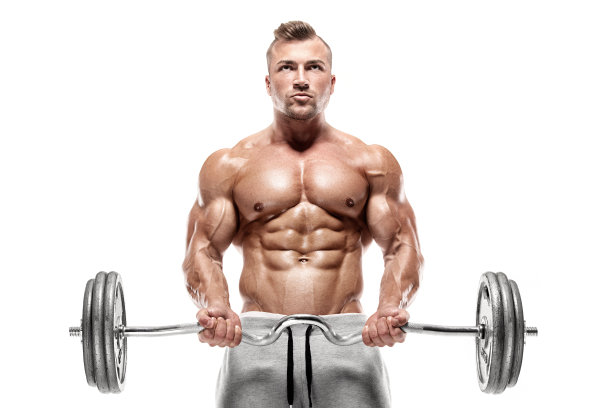 一个肌肉发达的健美运动员在练习大哑铃图片下载