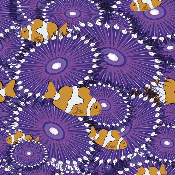 无缝图案的风格化珊瑚和珊瑚礁鱼小丑图片下载