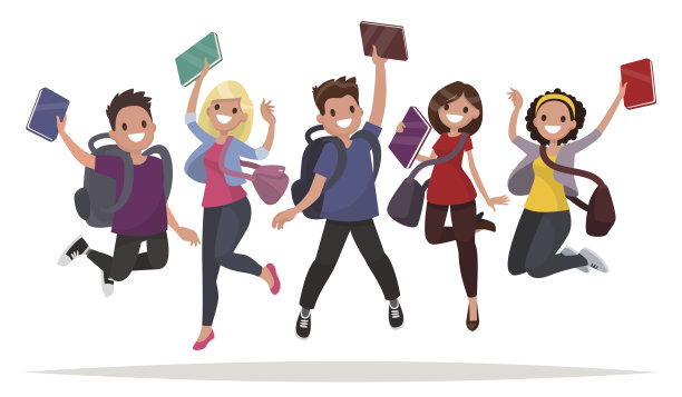 一群快乐的学生在白色的背景上跳跃。素材图片