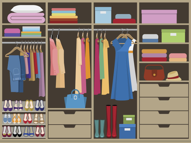 衣柜里全是女人的衣服。平风格向量图片下载