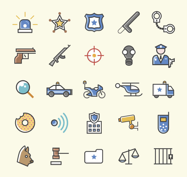 一套25个极简的固体线彩色警察图标。图片下载