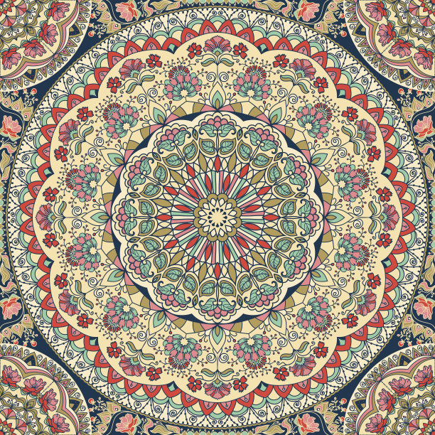 无缝彩色花卉手绘图案曼荼罗。传统东方图案，矢量插图图片下载