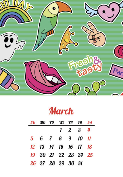 日历2017在卡通80 -90年代漫画风格的时尚补丁图片下载