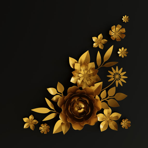 3d渲染，数字插图，金色花角装饰，金叶，花朵点缀，设计元素孤立在黑色背景上图片下载