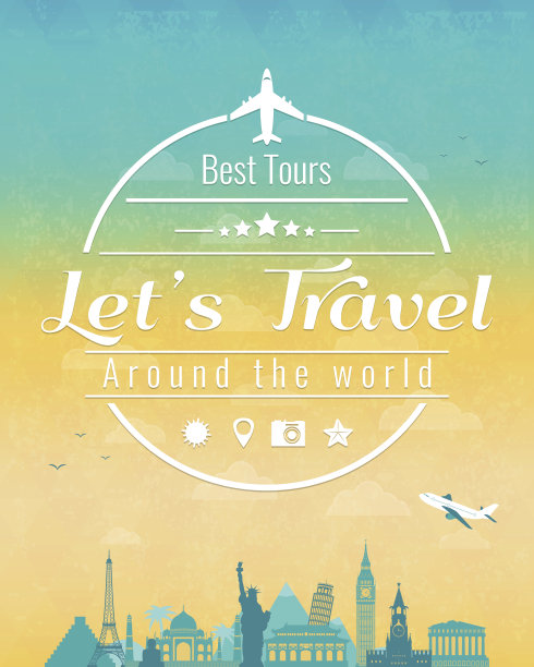 旅行组成与著名的世界地标和复古徽章。图片下载