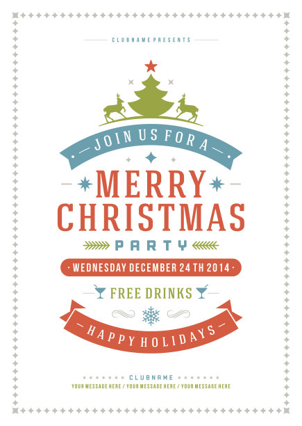 圣诞派对邀请复古的排版和装饰装饰图片下载