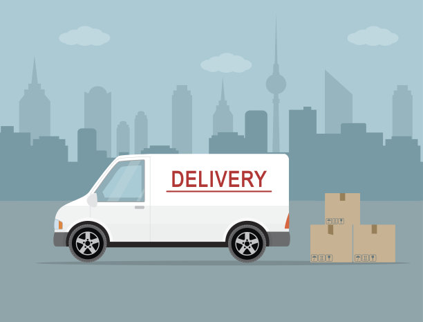 以城市为背景的白色货车。素材图片