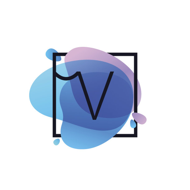 蓝色水彩飞溅方框中的字母V图标图片下载