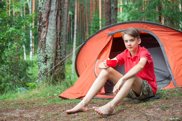 男孩在露营中享受夏天图片下载