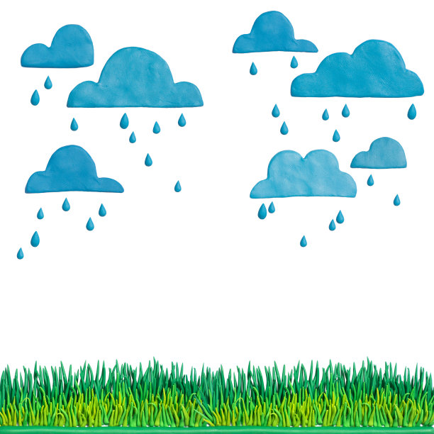 粘土油灰，橡皮泥，手工云彩与雨和草。图片下载