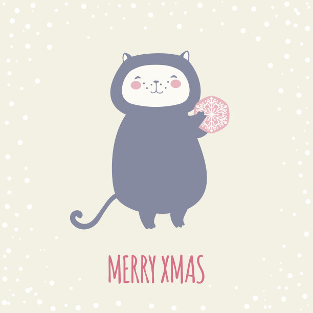 圣诞贺卡，猫抱着雪花图片下载